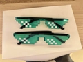 Translucent green pixel art sunglasses with 8-bit jagged frame and white dot pattern - Integrated Nose Bridge / Green Double Row