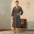 Dark grey men's waffle knit bathrobe with waist tie and pockets for spa use - Men-Grey
