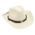 Detailed close-up of a straw cowboy hat featuring a silver bull skull emblem and leather band - One Size / Cream