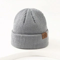 Winter grey ribbed knit beanie hat for kids with a brown leather W letter patch - One Size / Gray