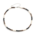 Bohemian men's coconut shell wood bead necklace with adjustable lobster clasp on white background - Black Brown Beige Mixed