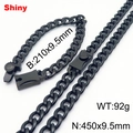 Black stainless steel 9.5mm Cuban chain necklace and bracelet jewelry set for men - Style B (Magnetic Clasp) / 9.5mm Width / 21cm Bracelet + 45cm Necklace / Black