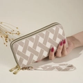 Women's double zipper long wallet in beige and coffee striped woven texture - Off White