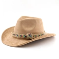 Detail of western suede cowboy hat with ethnic braided band on white background - M (56-58cm) / Camel