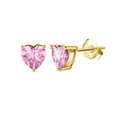 Detail view of S925 sterling silver stamp on heart-shaped pink zircon stud earrings - Pink Gold