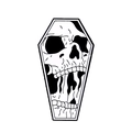 Macro-opname van kistvormige emaille speld met wit skeletontwerp op zwart metaal - Zeshoekige Doodskist Schedel (XZ7317)