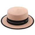 Cappello boater in paglia rosa con nastro nero ed emblema metallico M elegante - M (56-58cm) / Rosa