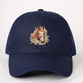 Detailed close-up of dark blue cotton baseball cap with printed horse and floral design - Navy Blue