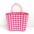 Detail of pink and white checkered woven tote bag with transparent round handles - Color 5 (Light Pink White Plaid)