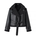 Detail of black shearling biker jacket texture with plush lining and leather belt - S / Black (Black Fur)