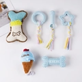 6-teiliges blau-gelbes Hundespielzeug-Set mit Seilbällen und Plüschknochen für Zahnpflege - 6-Teiliges Set / Ca. 275g / Blau-Serie