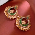 Ethnic gold crescent earrings with green enamel, faux pearls, and dangling tassels - Gold Ethnic Green Enamel Pearl (23#)