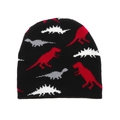 Berretto in maglia nera per bambini con motivi di dinosauro colorati in tessuto morbido - Nero Rosso Dinosauro Jacquard