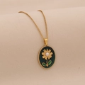 Vintage stainless steel oval necklace with green enamel sunflower and pearl pendant - Dark Green