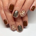 Glossy short press-on nails with retro brown, gold glitter, and beige floral designs - Dark Coffee Solid and Beige Petal (CW361)