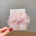 Handmade pink chiffon bow hair clip with lace, mesh, and beads for children's ponytail - Fairy Pink