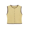 Gilet da donna in maglia giallo chiaro con bordi marroni, girocollo e bottoni frontali - S / Giallo