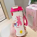 White 500ml insulated coffee mug with cute rabbit pattern and pink strap handle - Rose Rabbit