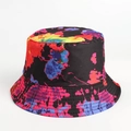 Detailed view of reinforced brim stitching on a black tie-dye splatter bucket hat - Black/Red/Blue