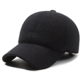 Men's winter black wool baseball cap with ear protection and SPORT embroidery detail - Adjustable / Navy Blue