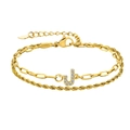 Bracelet doré double rangée avec chaîne trombone et pendentif lettre J serti de zircons - Lettre J