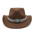 Brown Western cowboy felt hat with turquoise stone and ethnic embroidery on white background - Coffee