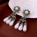 Vintage floral drop earrings with blue-green rhinestones and white teardrop pearls - 45# Silver Earring Post - Gold - Blue White - Floral Water Drop Pearl