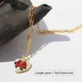 Collier chaîne trombone dorée avec pendentif rose cœur en émail, longueur 45 cm plus 6 cm - Style de Chaîne