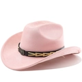 Detailed view of pink suede cowboy hat featuring a leather band and metal bull head buckle - M (56-58cm) / Pink
