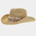 Detailed straw hat weaving with ethnic band, turquoise starfish and silver shell charms - Gold