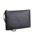 Business style black woven leather clutch bag with wrist strap and metal zipper - Medium / Black