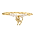 Golden beads and white pearls bracelet with a sparkling cat charm inlaid with zircon - Cat 2