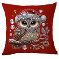 Red Christmas pillow cover with a diamond-embellished owl wearing a festive hat - Diamond Owl