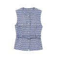 Detail of blue tweed vest with silver buttons and matching plaid belt - Sapphire Blue
