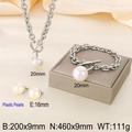 Silver stainless steel jewelry set with 20mm round white pearls in a jewelry box - Steel Color Necklace Bracelet and Earrings (KS222563-Z)