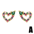 Golden heart stud earrings with multi-color zircon stones and emerald centerpiece - Multicolor Hollow Heart