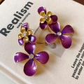 Macro view of vintage purple enamel flower earrings with gold finish and crystal centers - Deep Purple Gradient Rhinestone Palace Silver Needle Style (47#)