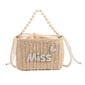Beige woven beach bag with pearl handle and MISS rhinestone heart embellishment - Beige