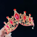 Baroque bridal tiara in gold finish with red gemstones and sparkling rhinestones - Standard Size / Gold All Red Gemstone