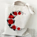 Off-white canvas tote bag featuring a red rose and crescent vine print pattern - Red Rose Crescent (Off-white)