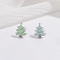 Close-up of S925 silver Christmas tree stud earrings with green enamel and tiny crystals - Colorful Christmas Tree Studs
