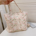 Close-up of pink floral canvas bag with white rabbit prints and simple wish label - Bunny and Flowers
