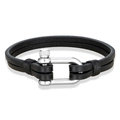 Bracelet double en cuir noir avec fermoir manille en U en acier inoxydable argenté - Noir