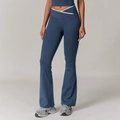 Pantalones de yoga acampanados azul oscuro con cintura alta cruzada y ribete blanco - S / Azul Marino