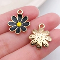 Pair of black daisy enamel pendants with gold backing for DIY jewelry making - Black