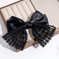 Elegant large black satin and lace bow hair clip with floral embroidery for girls - Satin Lace Bow / Black