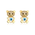 Detail of 18K gold-plated bear stud earrings with zircon crystals and evil eye pattern - Bear Blue White Evil Eye