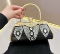 Schwarze Abendtasche mit funkelnden Strasssteinen, Perlen und goldenem Metallgriff - Schwarz