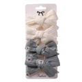 Detail of 4-piece bow hair clips set featuring beige and blue daisy floral linen fabric - Off-white & Grey-blue Floral