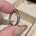Silver textured open ring with small gemstone inlay in a minimalist retro style - Silver Brushed Zircon (JZ0710)